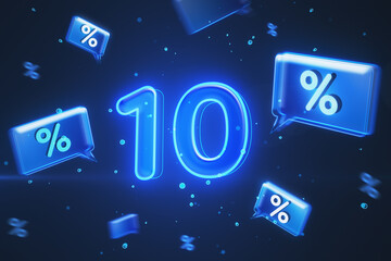 Online shopping, discount and sale concept with blue digital glowing 10 icon on dark background with speech bubbles with percent sign. 3D rendering