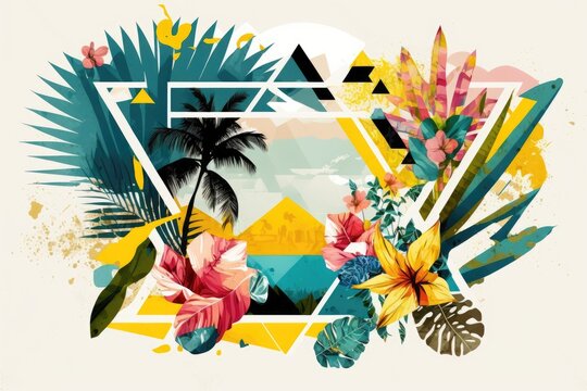 lush tropical landscape with palm trees and vibrant flowers. Generative AI