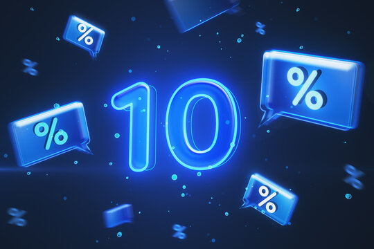 Online shopping, discount and sale concept with blue digital glowing 10 icon on dark background with speech bubbles with percent sign. 3D rendering