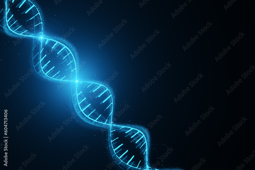 Aufkleber Future, science, genetics and innovation technology concept with bright digital DNA molecule on abstract dark blue background with binary code. 3D rendering