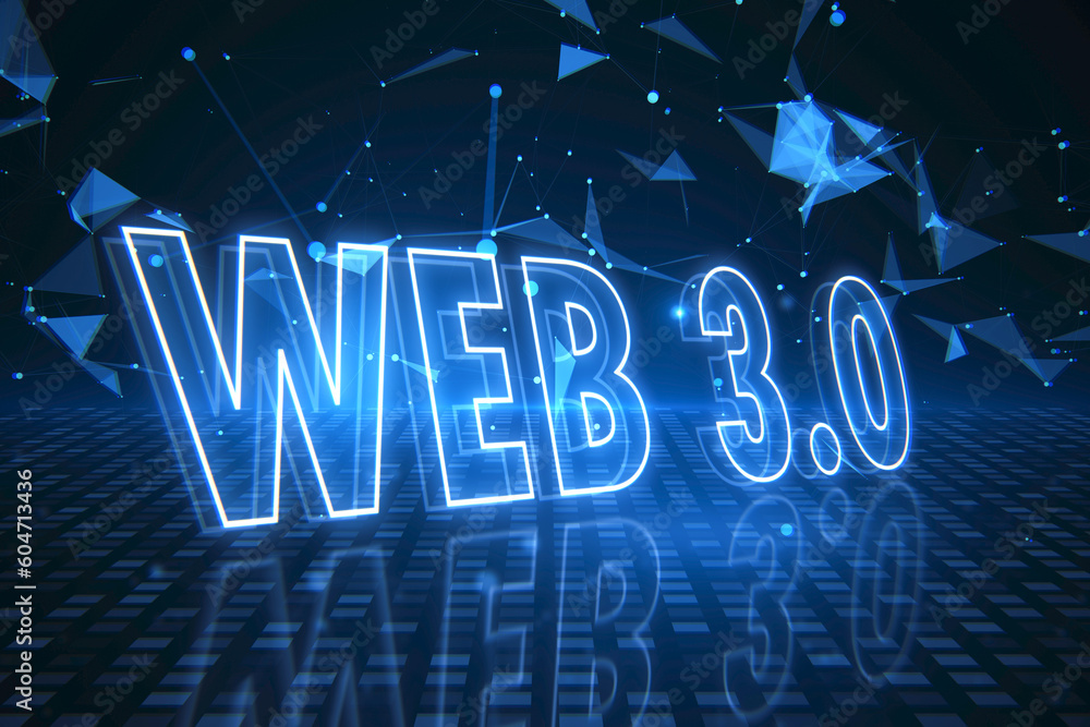 Poster perspective view on glowing graphic digital web 3.0 sign on dark background with crystal effect, blo