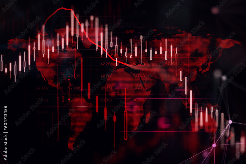 Poster global economy crisis, economy recession and financial market crash concept with digital red financi