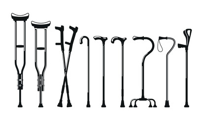 Mobility Aids Crutches And Walking Canes Black and White Icons. Tools or Aids Provide Assistance And Stability