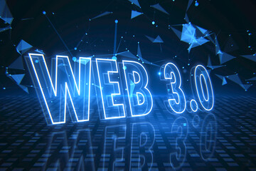 Perspective view on glowing graphic digital web 3.0 sign on dark background with crystal effect, blockchain system, cryptocurrency, anonymous and modern internet technology concept. 3D rendering
