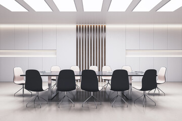 Front view on stylish big dark meeting table surrounded by wheel chairs in spacious modern conference room interior design with light decorated wall background and glossy floor. 3D rendering