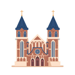 Catholic Church Building. Tall, Majestic Structure With Ornate Architecture And Intricate Stained Glass Window