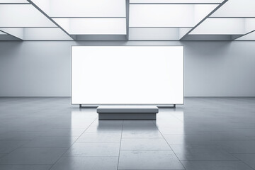 Front view on big white blank digital screen with space for advertising poster or picture frame or campaign in abstract exhibition hall interior with concrete floor on background. 3D rendering, mockup
