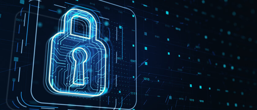 Cyber security and privacy protection concept with digital blue closed padlock symbol in frame on dark technological background with place for your advertising text or logo brand. 3D rendering, mockup