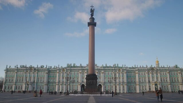 Low angle view of Palace Square and the Aleksandr column, the Winter Palace. Action. Concept of architecture and history.