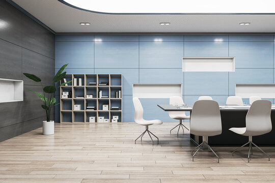 Side view on stylish black meeting table surrounded by white chairs on wooden floor with light blue wall with bookshelf background and high white ceiling in spacious conference room. 3D rendering