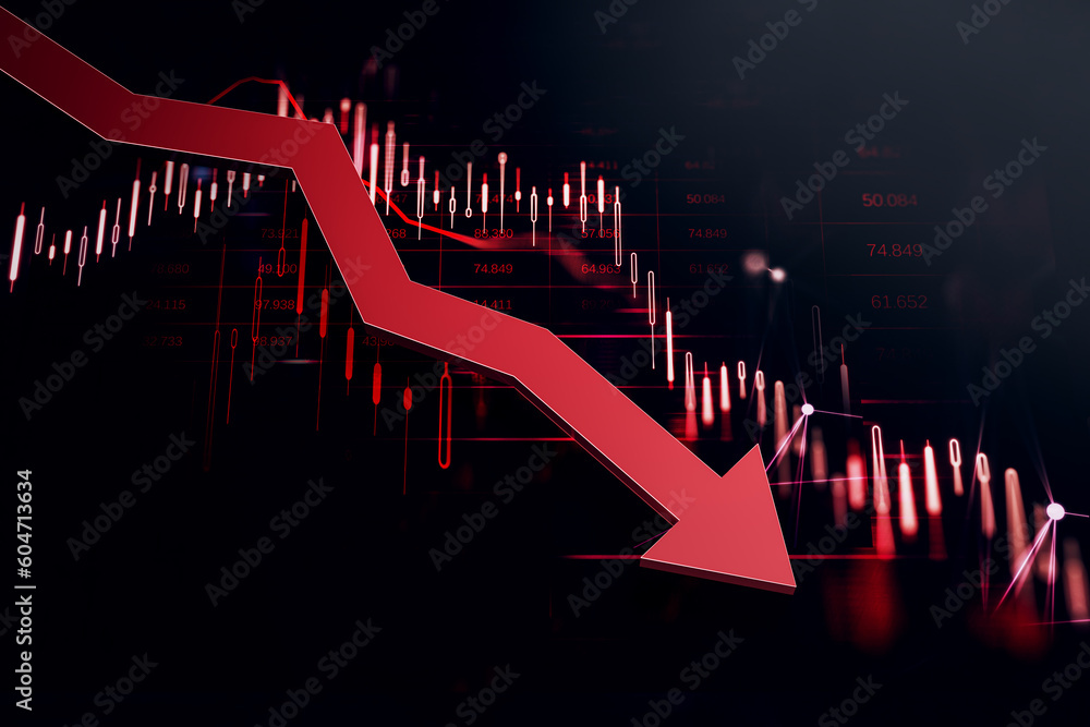 Poster Crisis and financial downturn concept with red arrow falling down and digital financial chart candlestick and diagram with stock market data indicators on dark virtual screen background. 3D Render