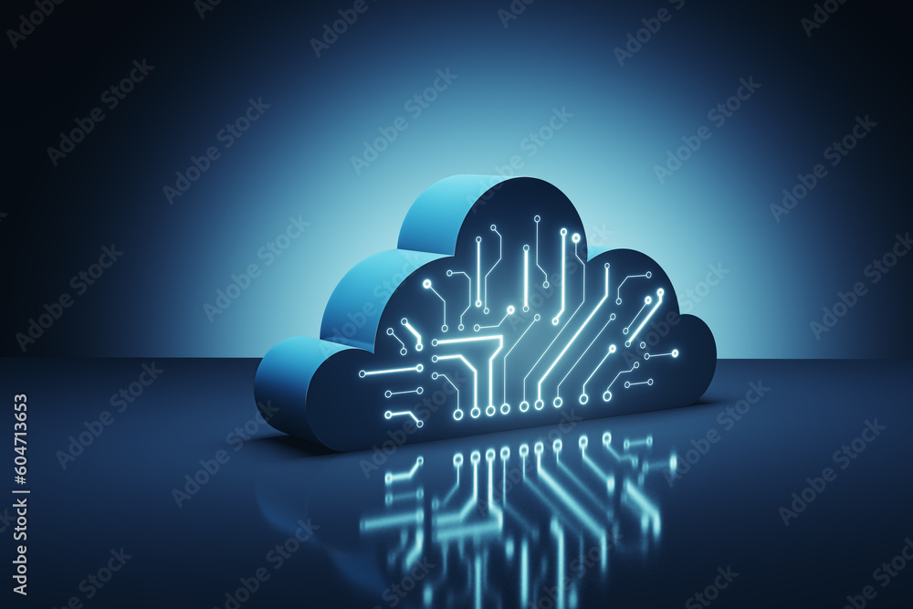 Aufkleber Cloud technology, data exchange and storage concept with digital cloud symbol with circuit on dark blue abstract technological background. 3D rendering, mockup