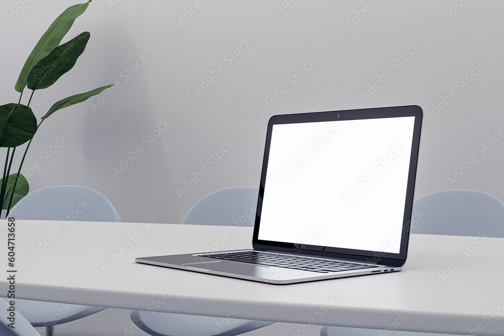 Aufkleber Perspective view on blank white modern laptop screen with space for web design, web site or logo on light table and wall background with green flower, marketing concept. 3D rendering, mock up