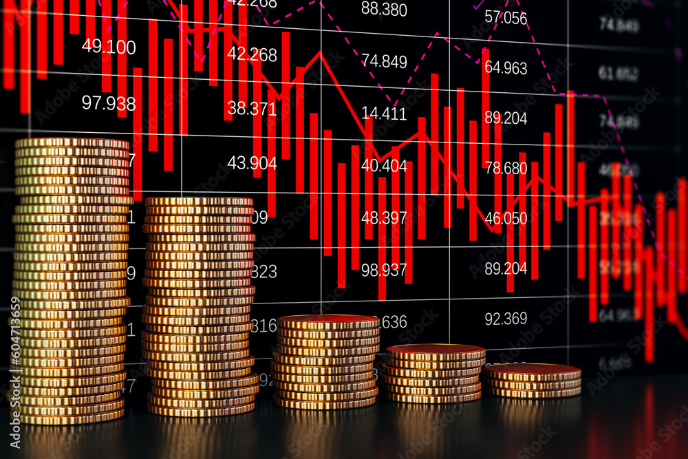 Poster stacked golden coins with falling red forex chart on dark background. crisis and recession concept. 