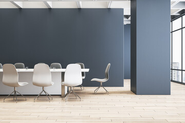 Clean concrete meeting room interior with mock up place on wall, wooden flooring and window and city view. 3D Rendering.