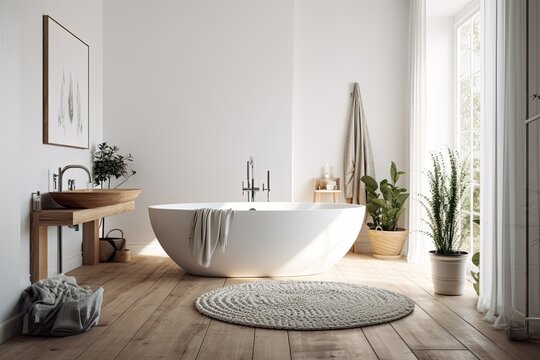 Interior shot of a spacious, white walled bathroom with a wooden floor and a white bathtub. On the floor, a rug. a wall model. Generative AI
