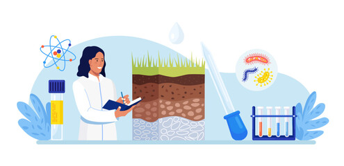 Soil analysis, earth pollution. Scientists study of composition of substances in ground layer structure sample. Woman research soil nutrients, microorganism in laboratory. Bioengineering, chemistry