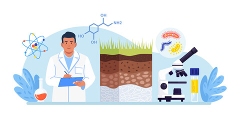 Soil analysis, earth pollution. Scientists study of composition of substances in ground layer structure sample. Person research soil nutrients, microorganism in laboratory. Bioengineering, chemistry