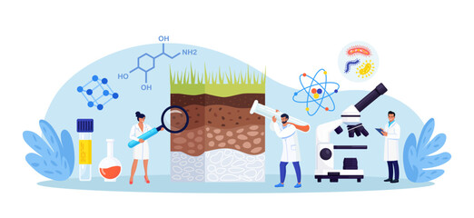 Soil analysis, earth pollution. Scientists study of composition of substances in ground layer structure sample. People research soil nutrients, microorganism in laboratory. Bioengineering, chemistry