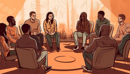 Illustration of people in a group therapy or rehabilitation session. Different people sitting in circle and talking. Concept of group therapy, counseling, psychology, help, conversation.