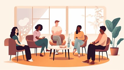 Illustration of people in a group therapy or rehabilitation session. Different people sitting in circle and talking. Concept of group therapy, counseling, psychology, help, conversation.