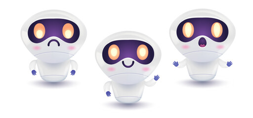 Vector illustration of a cute robot in different mood. Vector set icons for chat bot in realistic style.