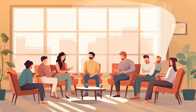 Illustration of people in a group therapy or rehabilitation session. Different people sitting in circle and talking. Concept of group therapy, counseling, psychology, help, conversation.