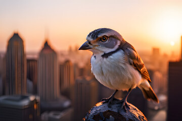 A small bird looking over the cityskyline