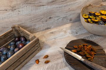 Fresh plums are pitted