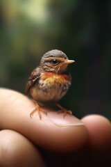 Fototapeta premium Small Bird Perched on a Person's Finger. Generative ai