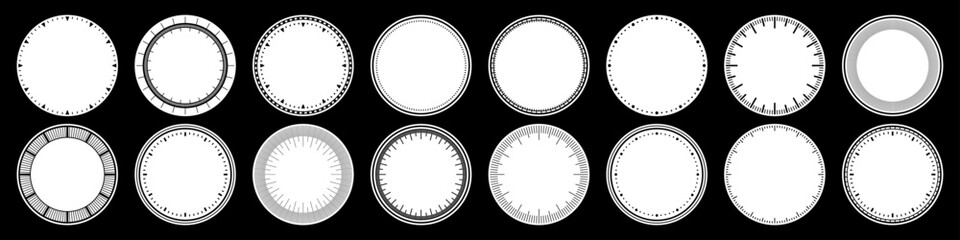 Mechanical clock faces, bezel. Watch dial with minute and hour marks. Timer or stopwatch element. Blank measuring circle scale with divisions. Vector illustration.