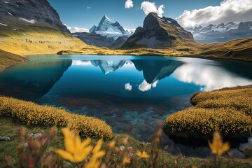 serene mountain lake with vibrant yellow flowers in the foreground. Generative AI