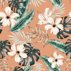 Tropical hibiscus flowers, green palm leaves, beige background. Vector seamless pattern. Jungle foliage illustration. Exotic plants. Summer beach floral design. Paradise nature