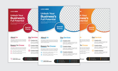 Creative flyer design for advertising promotion and company growth, Abstract modern flyer design, 3 colorful accents, Professional unique nice clean design, Half page A4 flyer free