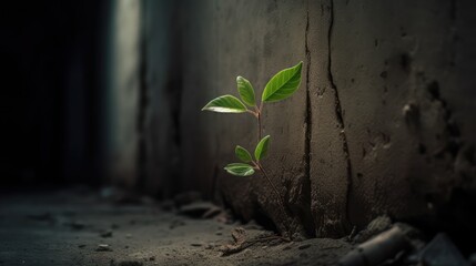 A small green sapling growing out of a crack in a concrete surface