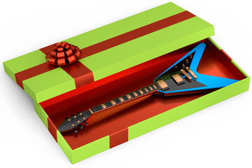 Gift boxes with guitar, ribbon and bow on white background