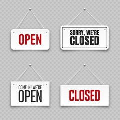 Realistic open or closed hanging signboards. Vintage door sign for cafe, restaurant, bar or retail store. Announcement banner, information signage for business or service. Vector illustration