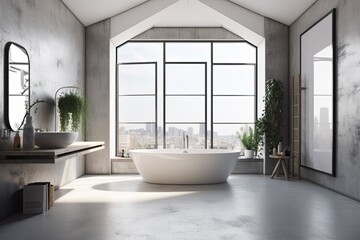 Obraz na płótnie Canvas Interior of an attic bathroom with a tub, narrow windows, and white walls and ceiling. a mockup. Generative AI