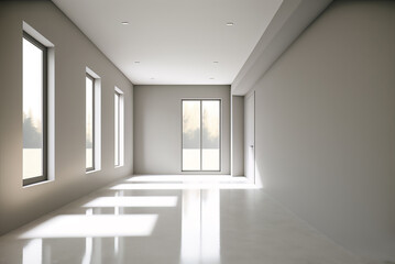 The modern interior of an empty living room with large windows Generative AI