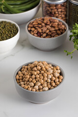Raw chickpeas in a bowl on a light background. Vegetable protein. Vegetarianism.