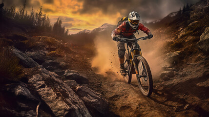 Mountain biker navigating a treacherous downhill trail with steep drops and challenging obstacles.