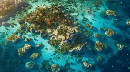Naklejka na ściany i meble An aerial shot of a tropical island's lagoon, with shallow turquoise waters and coral formations creating intricate patterns beneath the surface. AI generative