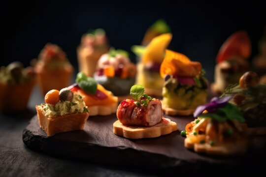 assortment of small ones. canapés with fruit and meat or fish filling on a wooden table. buffet. generative AI