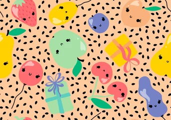 Meubelstickers Summer cartoon fruit seamless apples and cherry and peaches and plums and pears pattern for birthday gifts © Tetiana