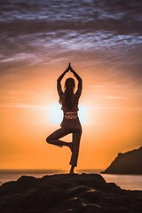 Active Woman Practicing Yoga Pose in the Morning at the Beach. Generative ai