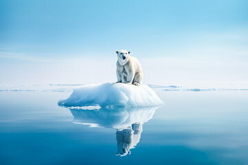 Ours polaire sur un bloc de glace détaché de la banquise, fonte des glaces, réchauffement climatique - Générative IA - obrazy, fototapety, plakaty