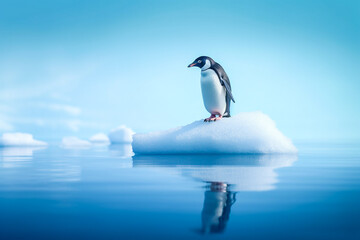 Pingouin sur un bloc de glace détaché de la banquise, fonte des glaces, réchauffement climatique - Générative IA - obrazy, fototapety, plakaty