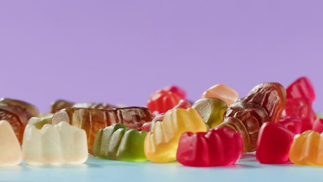 Jelly marmalade bear close up, Confiture Bean candy jujube Marmalade bears with cod cannabis close up. 