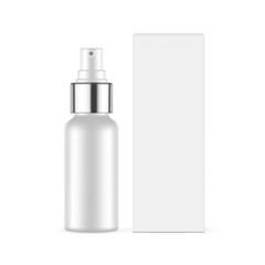 Spray Bottle With Metal Cap, Paper Packaging Box Mockup, Front View. Vector Illustration