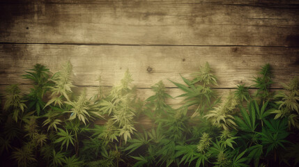 Hanfpflanzen (Cannabis) mit Blüten und Holzhintergrund. (Generative AI)